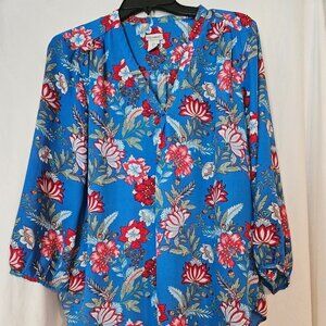 Paraphrase Blue Floral  Print Sheer Blouse Size Large